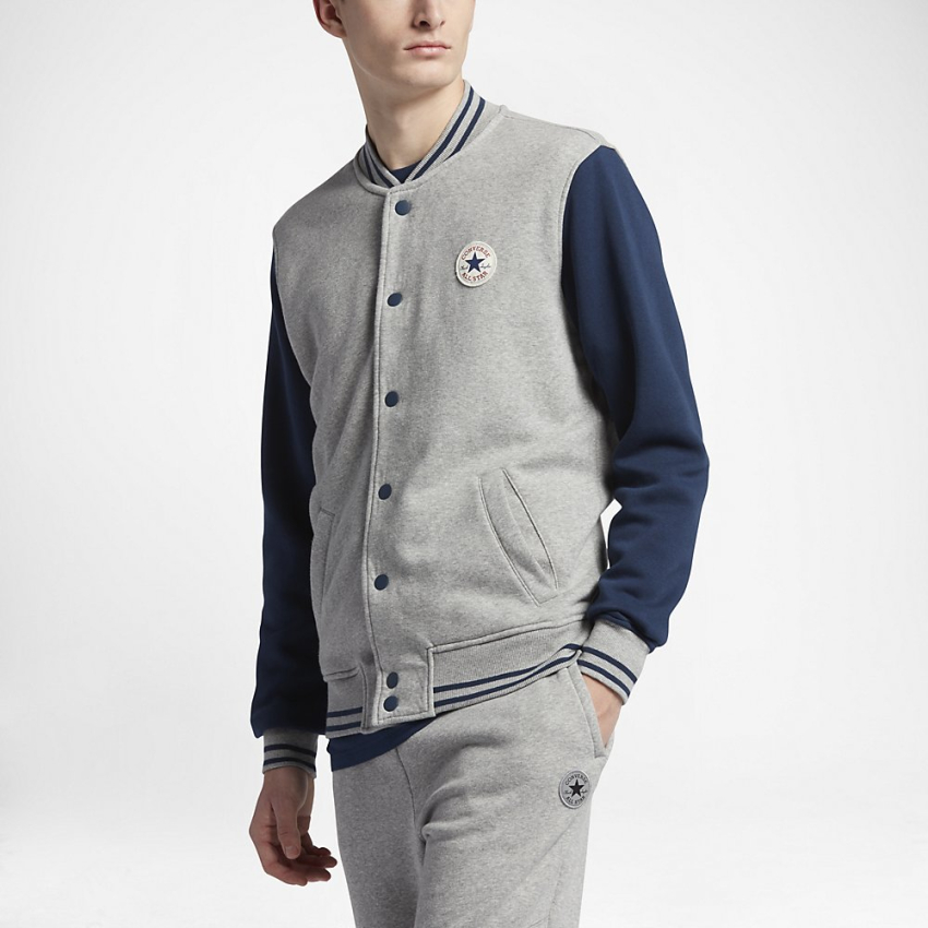 Men s Snap Baseball Jacket in Vintage Grey Heather Navy Converse Canada