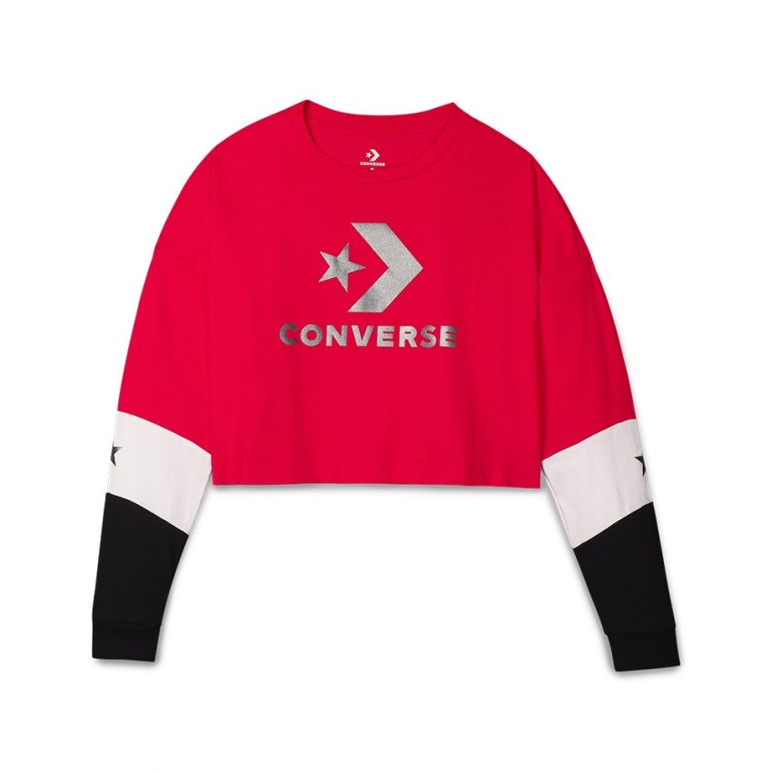 Women s Cropped Long Sleeve T Shirt in Cherry Red Multi Converse