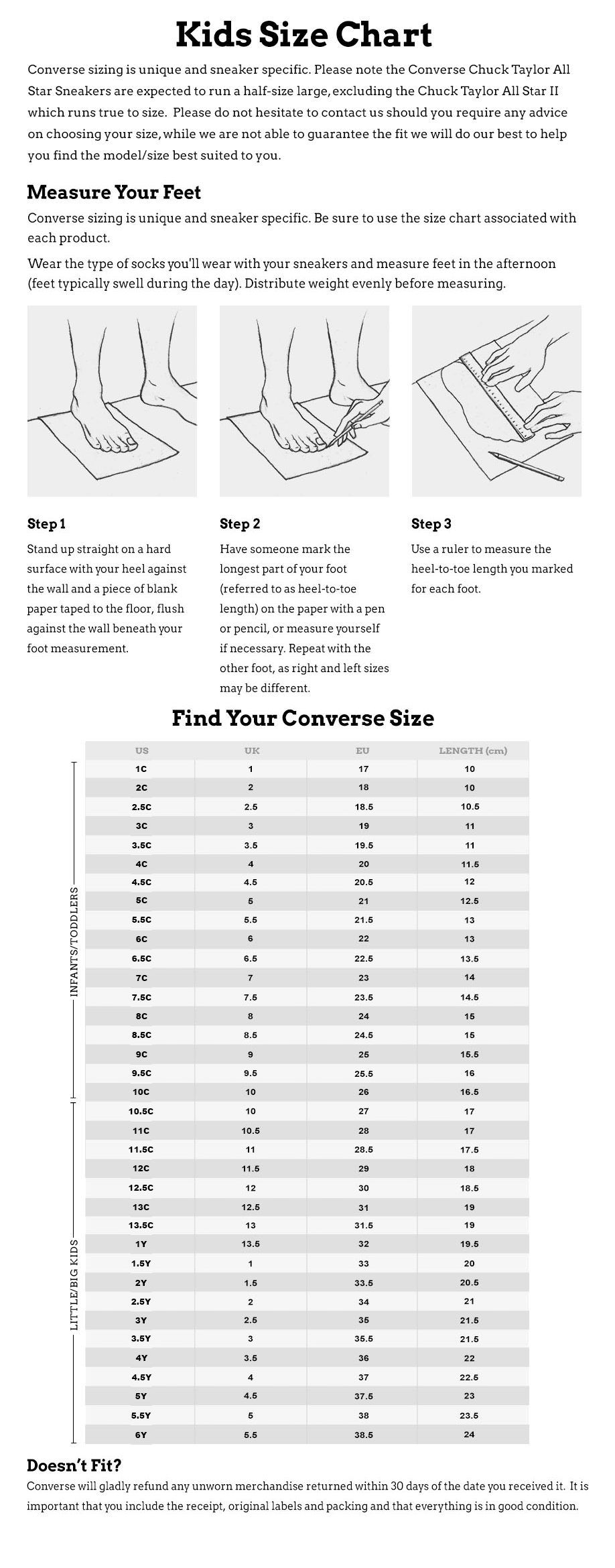 Size Guide Converse Canada